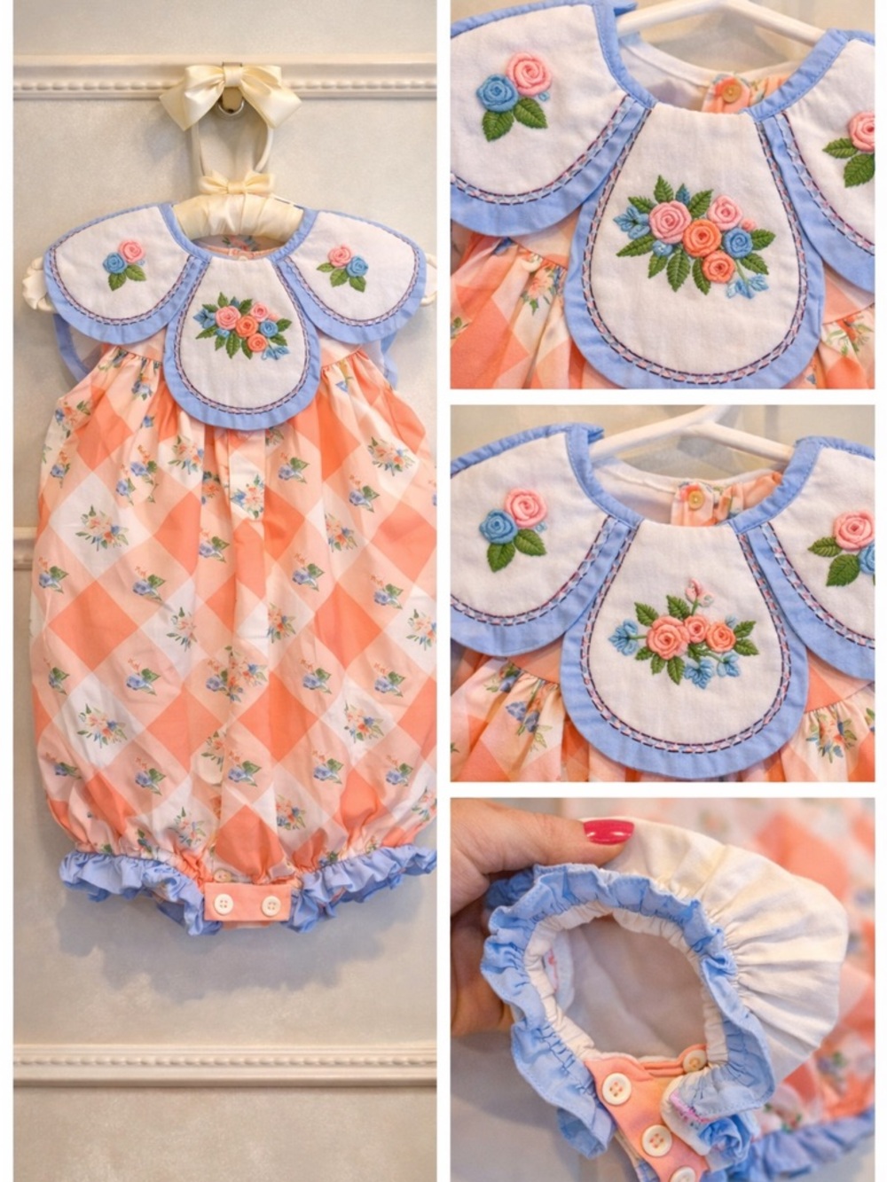 Busy Bee Smocked 3T Heirloom Bubble Romper Gingham Floral Embroidered Collar